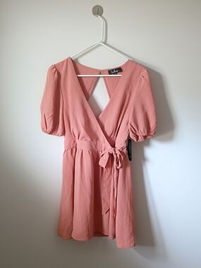 Lulu's Coral Pink Wrap Mini Dress with Tie Waist